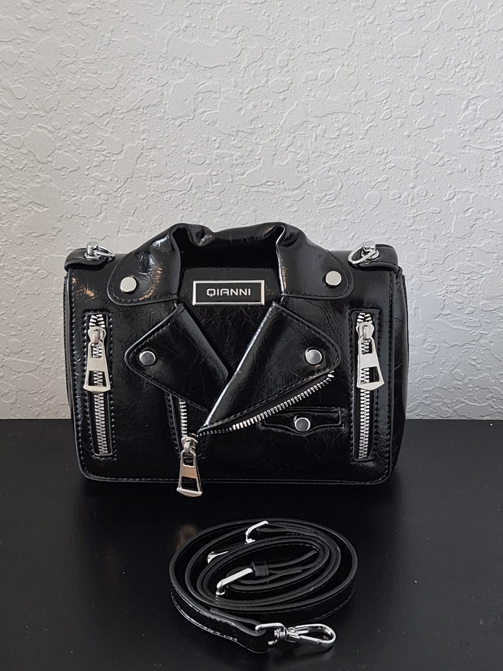 Black Moto Jacket Novelty Crossbody Bag – Black Faux Leather, Silver Zippers